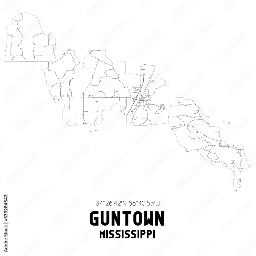 Guntown Mississippi. US street map with black and white lines.