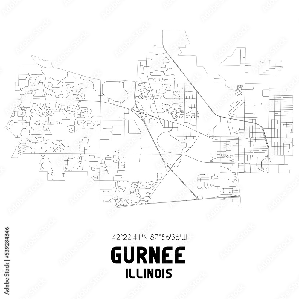 Gurnee Illinois. US street map with black and white lines.
