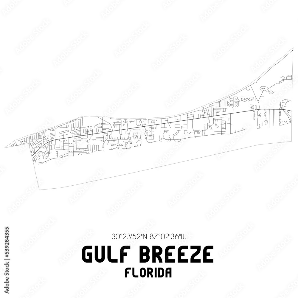 Gulf Breeze Florida. US street map with black and white lines. Stock