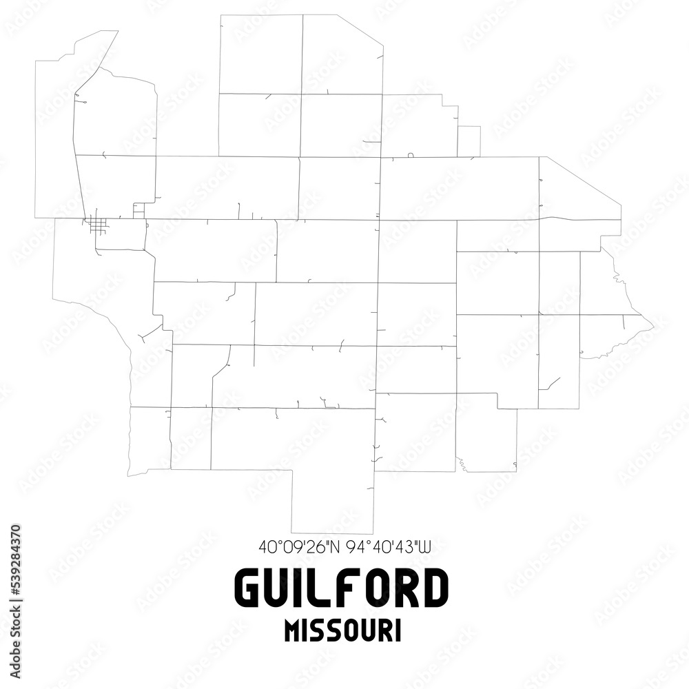 Guilford Missouri. US street map with black and white lines.
