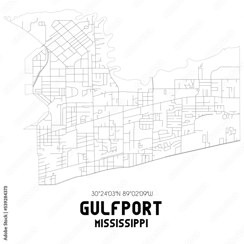 Gulfport Mississippi. US street map with black and white lines.