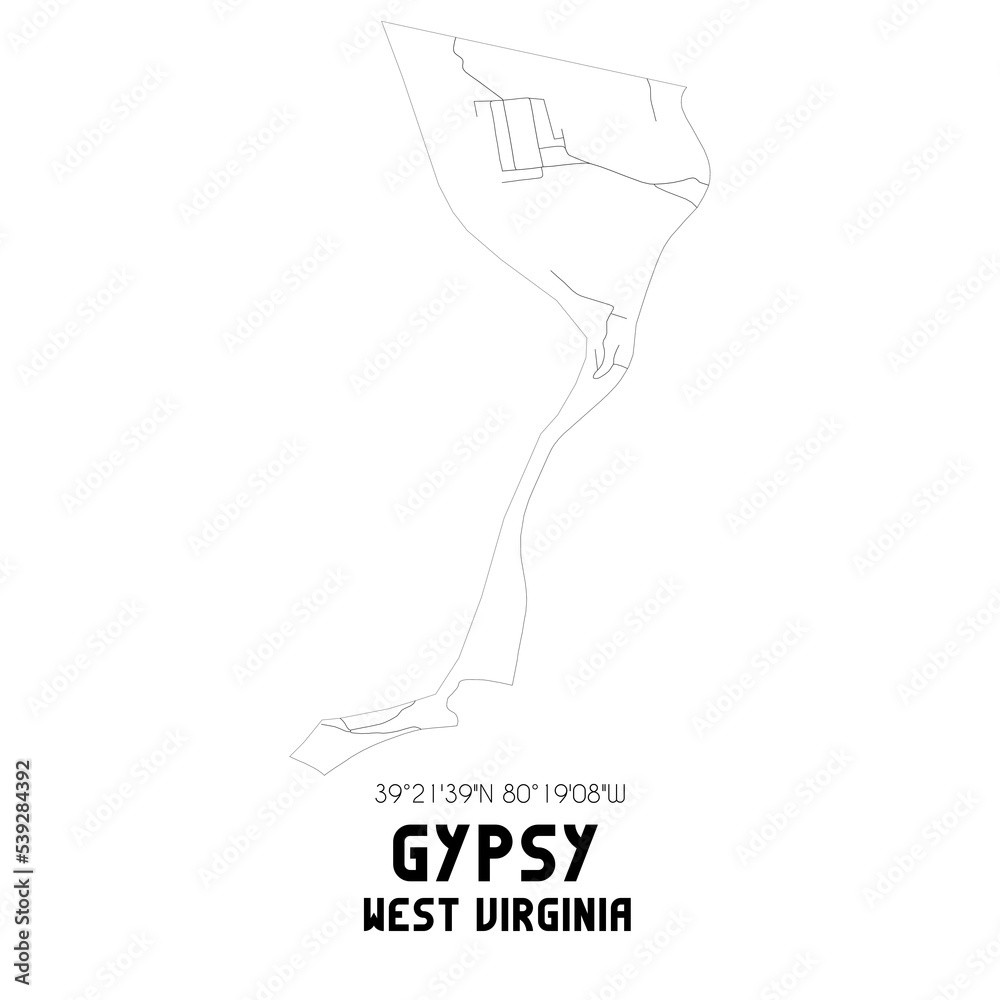 Gypsy West Virginia. US street map with black and white lines.
