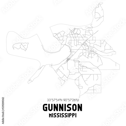 Gunnison Mississippi. US street map with black and white lines.