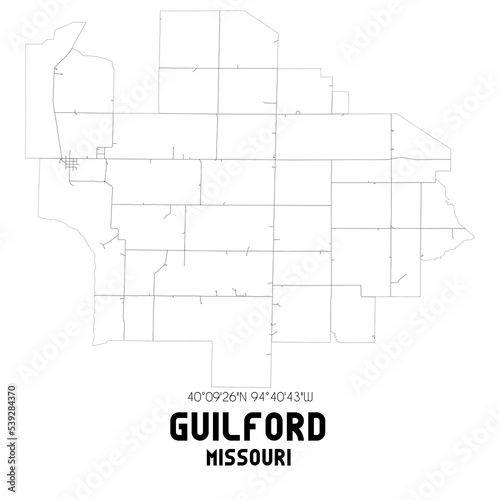 Guilford Missouri. US street map with black and white lines.