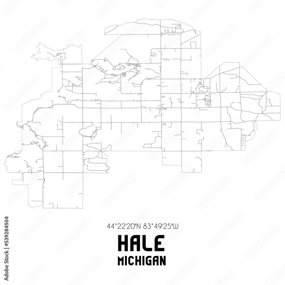 Hale Michigan. US street map with black and white lines.