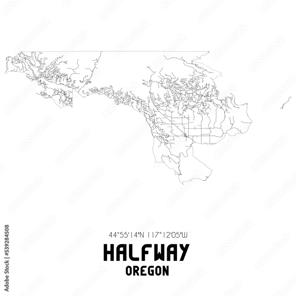 Halfway Oregon. US street map with black and white lines.