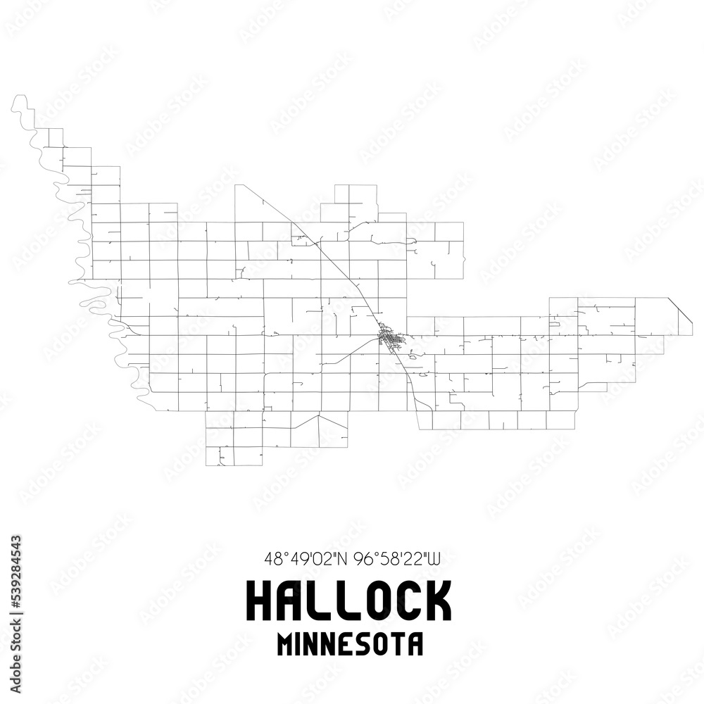 Hallock Minnesota. US street map with black and white lines.