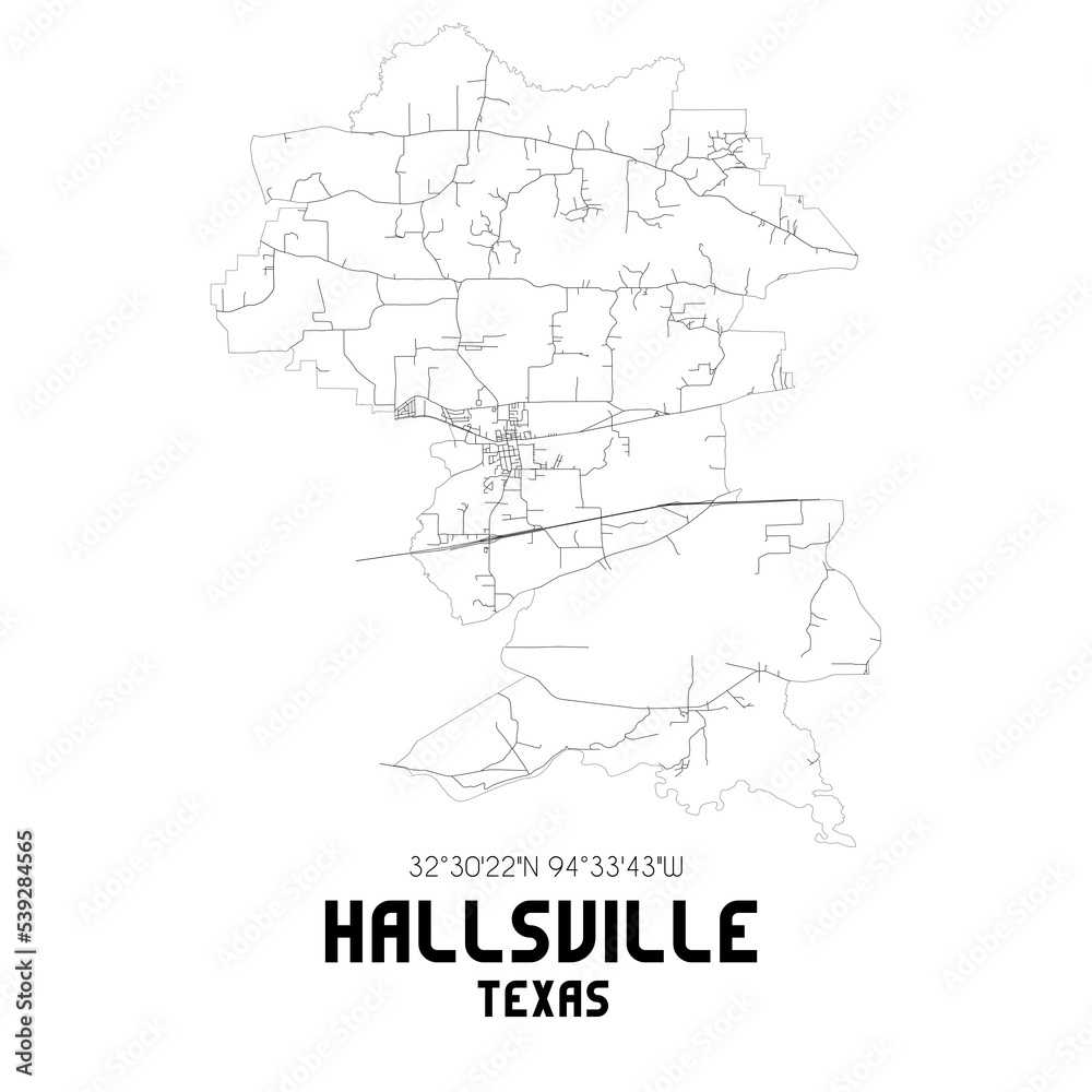 Hallsville Texas. US street map with black and white lines.