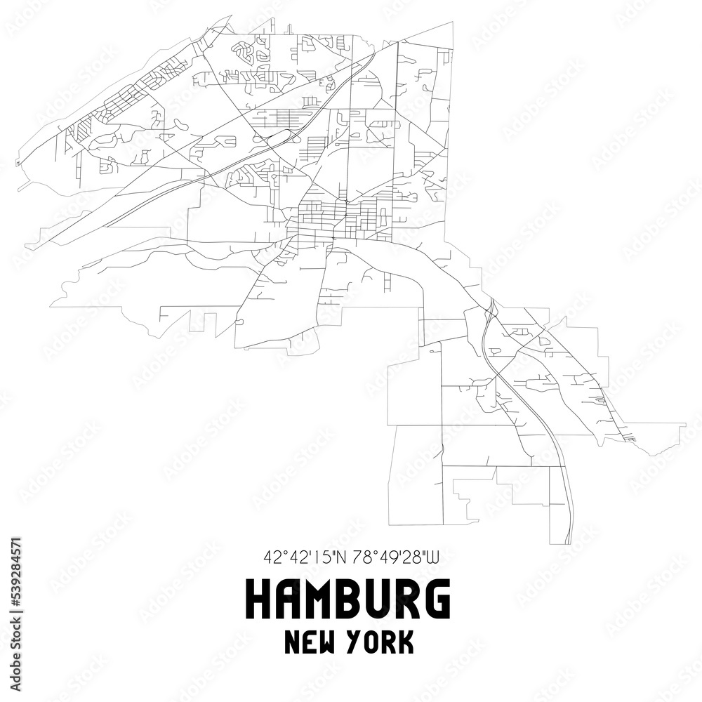 Hamburg New York. US street map with black and white lines.