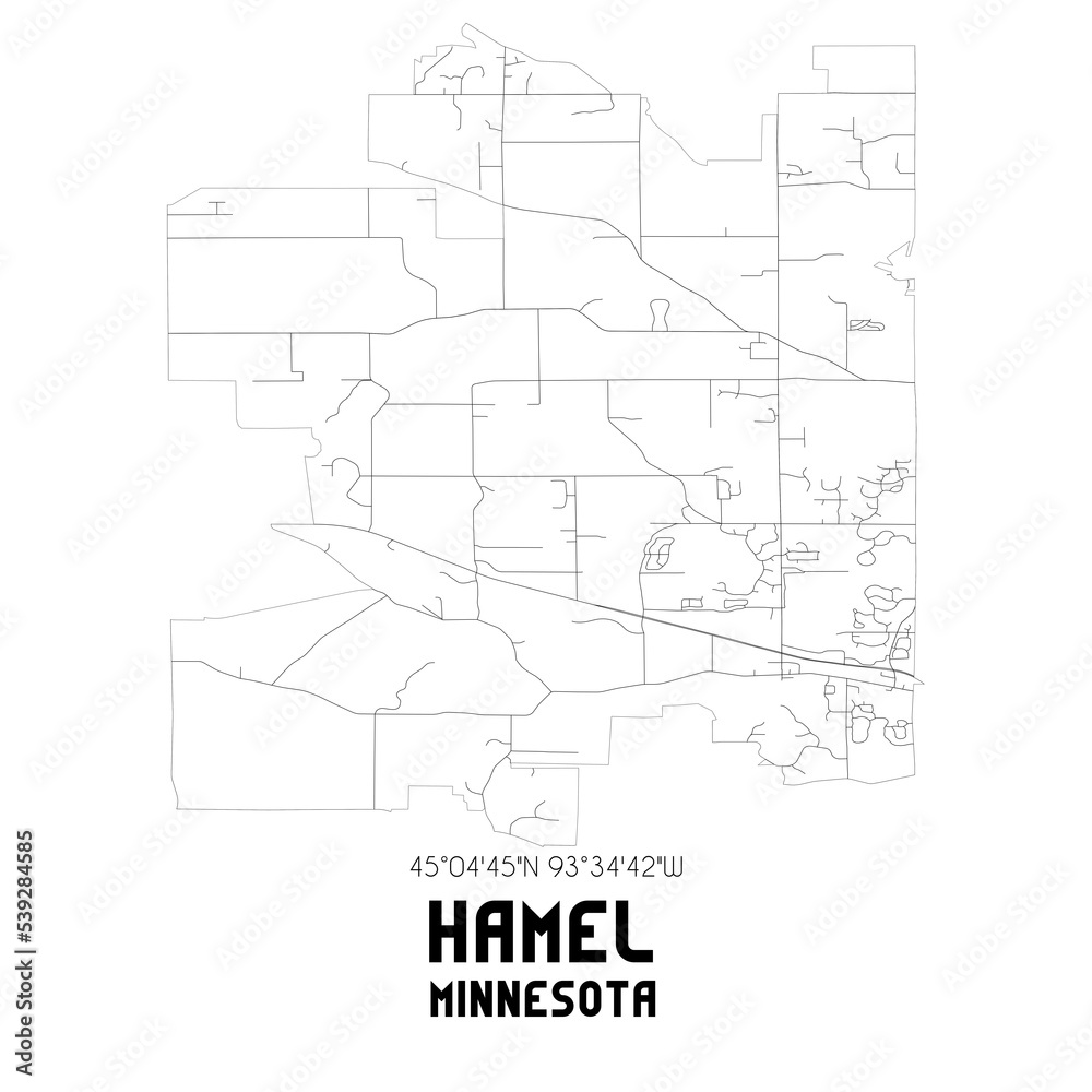 Hamel Minnesota. US street map with black and white lines.
