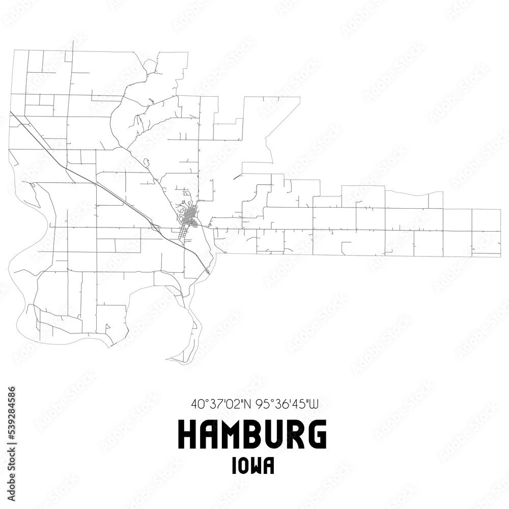 Hamburg Iowa. US street map with black and white lines.