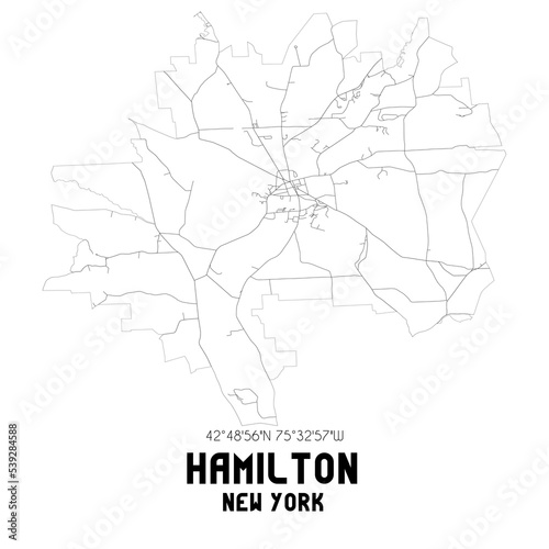 Hamilton New York. US street map with black and white lines.