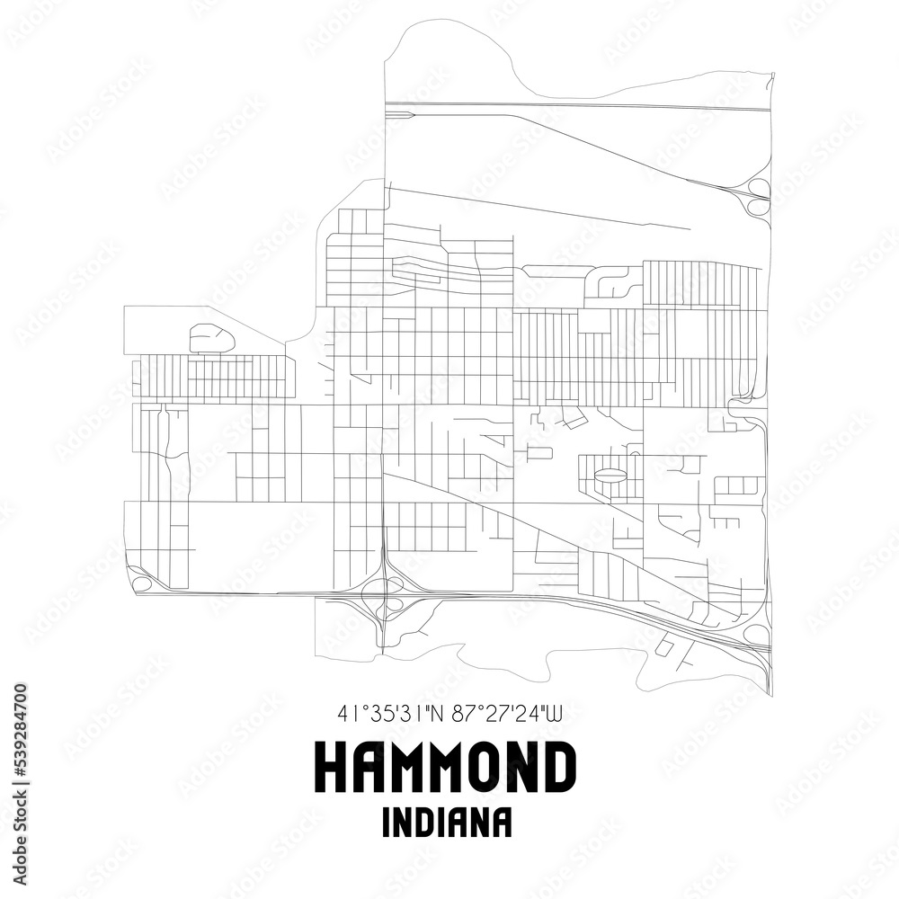 Hammond Indiana. US street map with black and white lines.