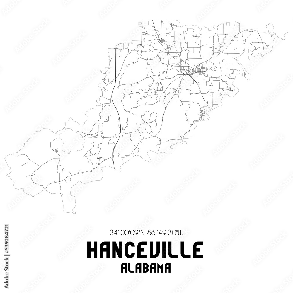 Hanceville Alabama. US street map with black and white lines.