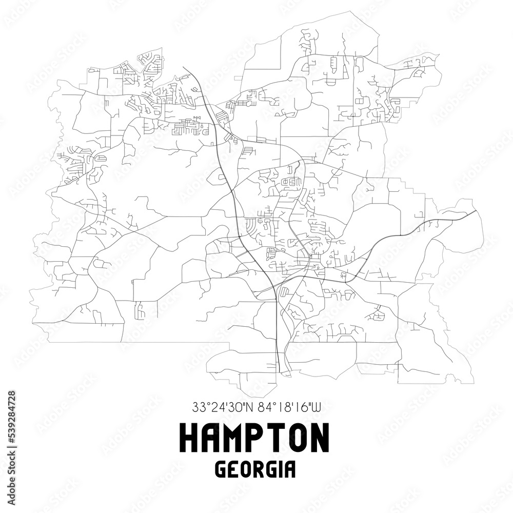 Hampton Georgia. US street map with black and white lines.