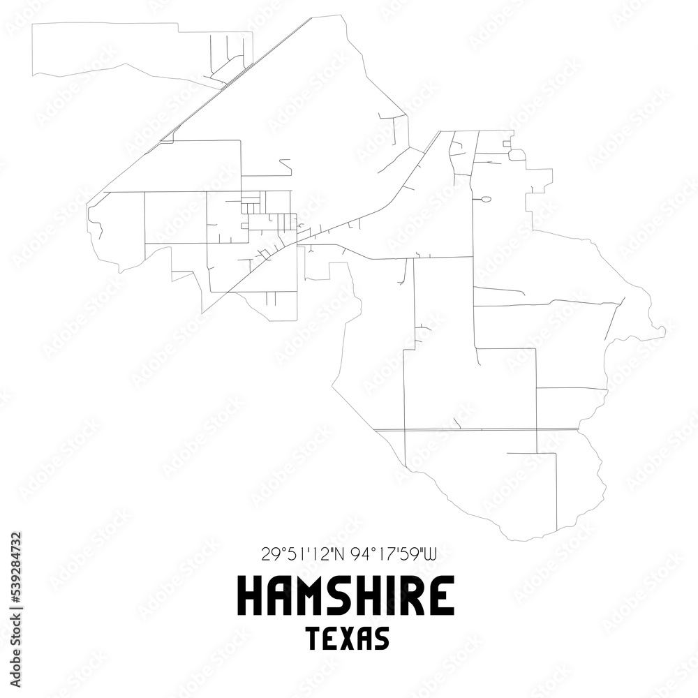 Hamshire Texas. US street map with black and white lines.