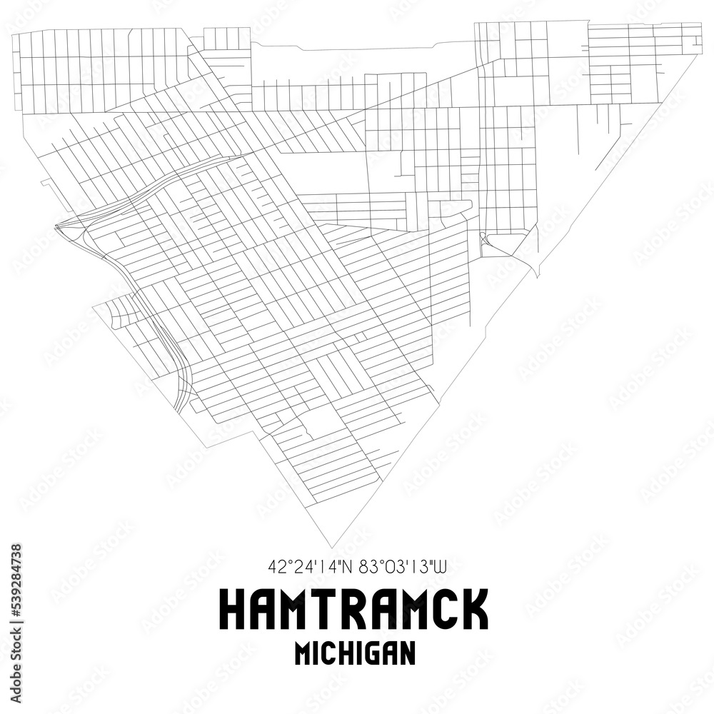 Hamtramck Michigan. US street map with black and white lines.