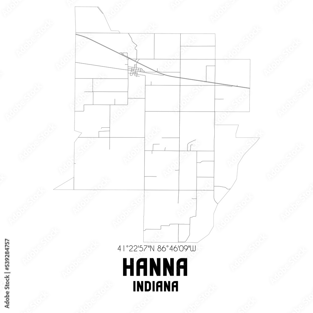 Hanna Indiana. US street map with black and white lines.