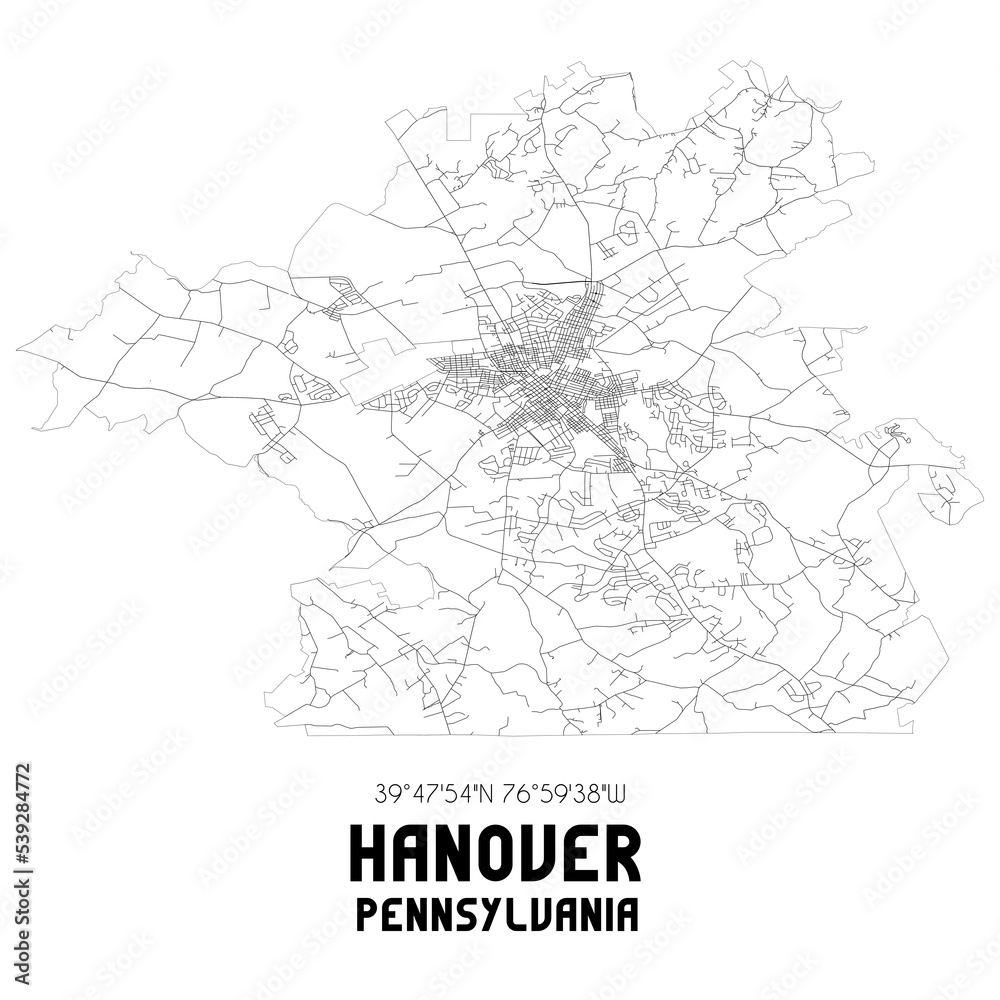 Hanover Pennsylvania. US street map with black and white lines.