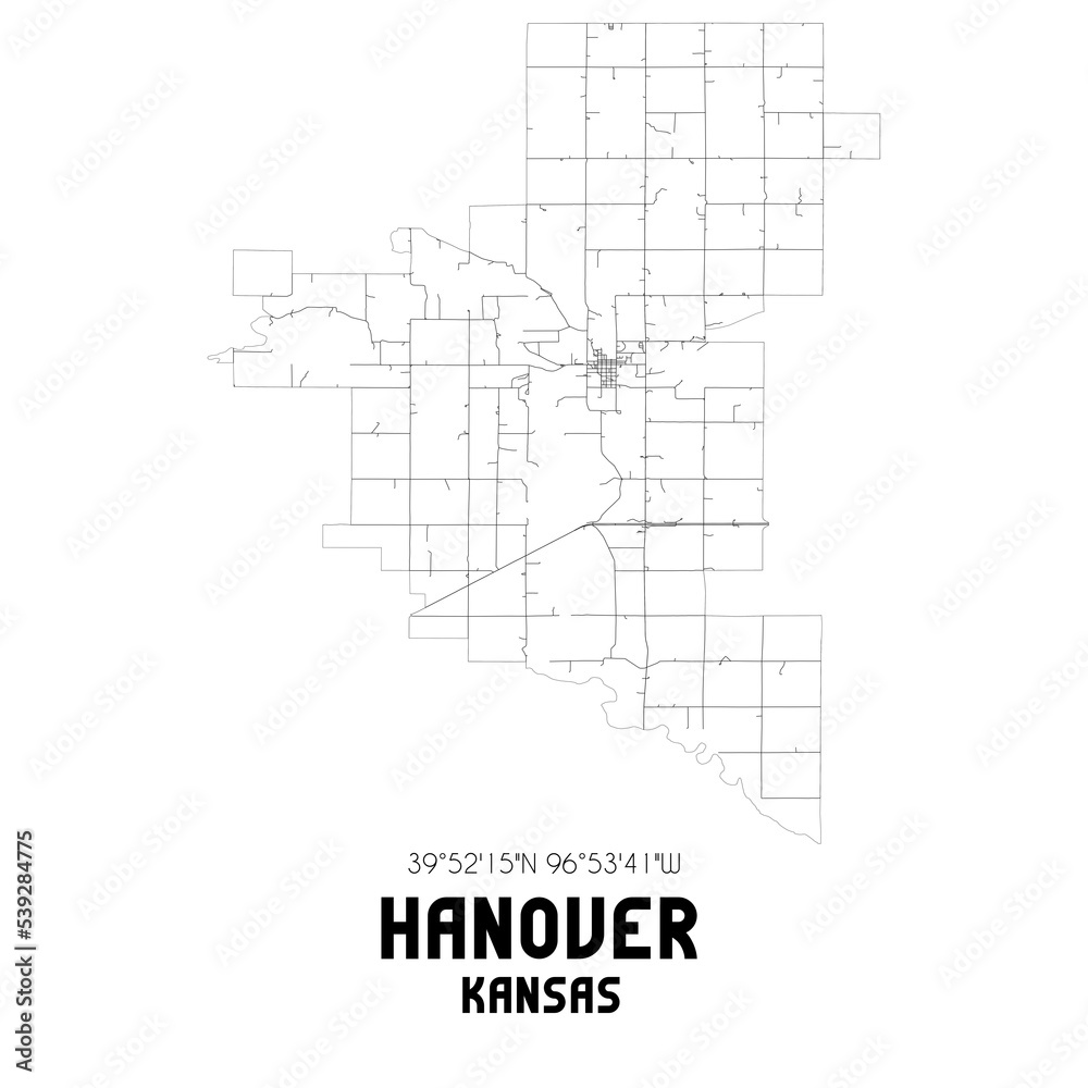 Hanover Kansas. US street map with black and white lines.