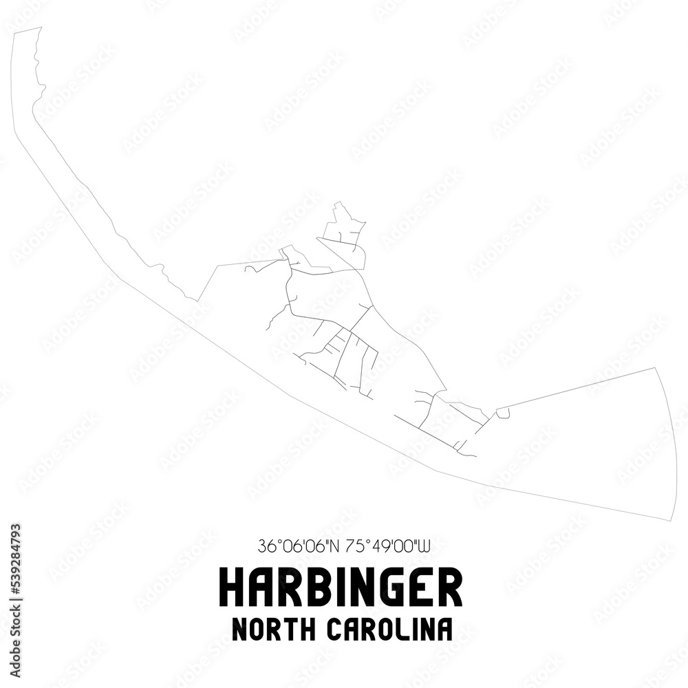 Harbinger North Carolina. US street map with black and white lines.