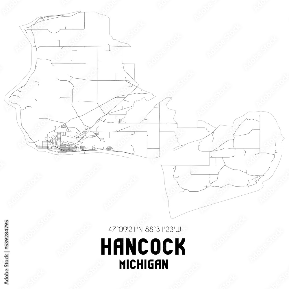 Hancock Michigan. US street map with black and white lines.