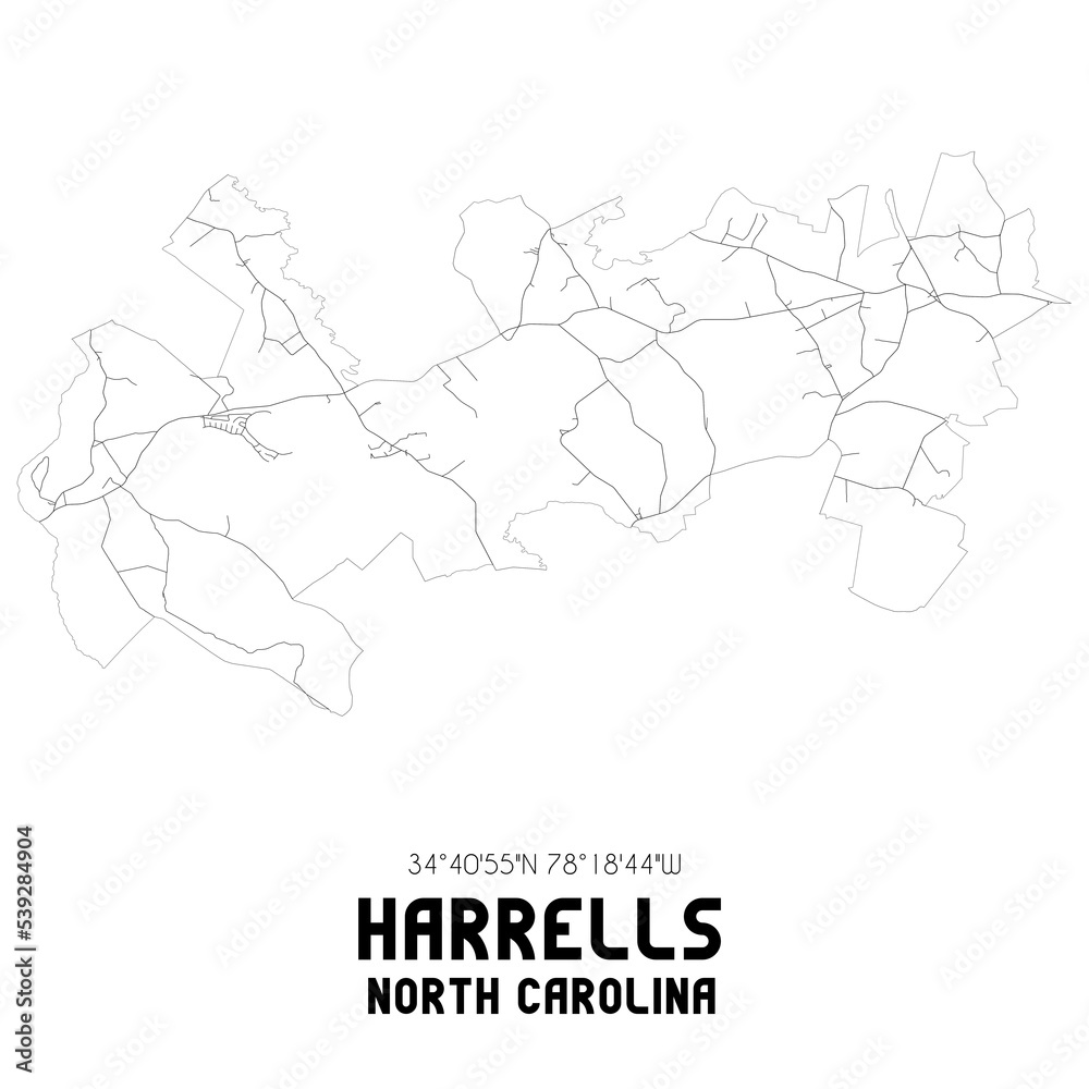 Harrells North Carolina. US street map with black and white lines.