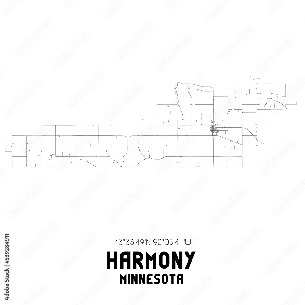 Harmony Minnesota. US street map with black and white lines.