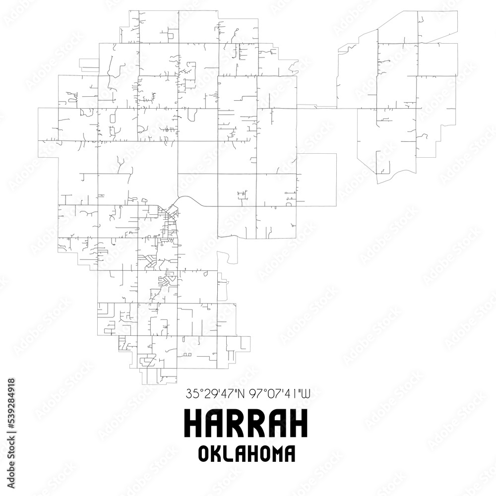 Harrah Oklahoma. US street map with black and white lines.