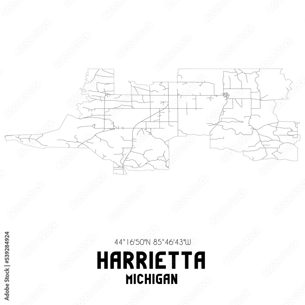 Harrietta Michigan. US street map with black and white lines.