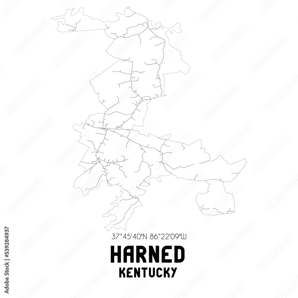 Harned Kentucky. US street map with black and white lines.