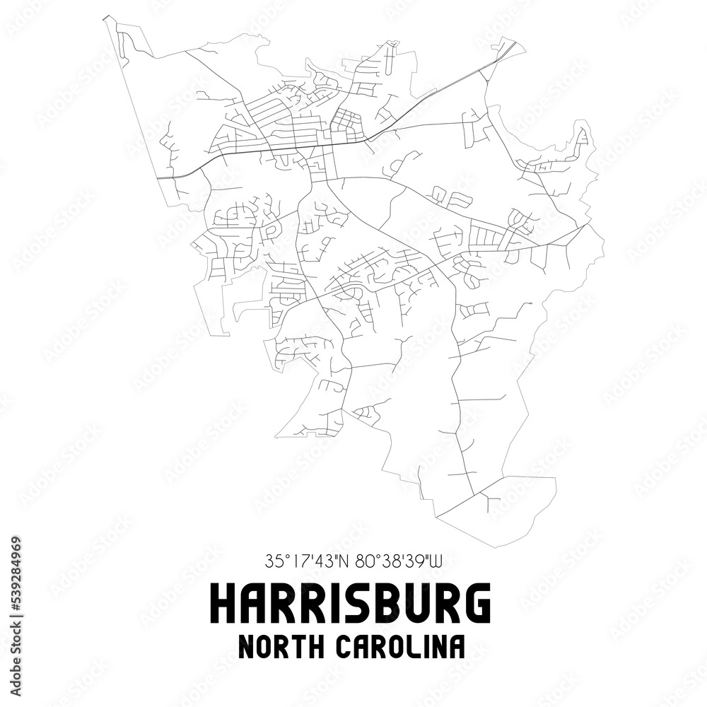 Harrisburg North Carolina. US street map with black and white lines.