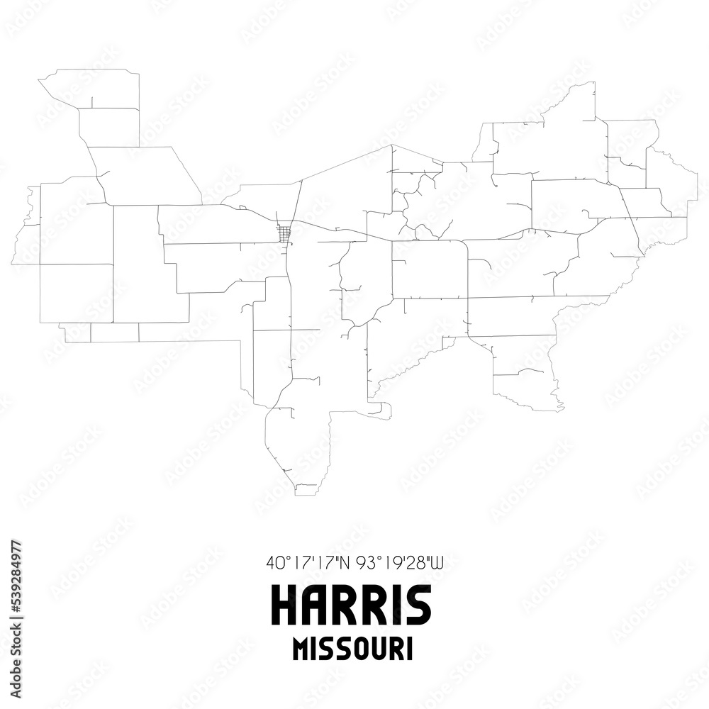Harris Missouri. US street map with black and white lines.