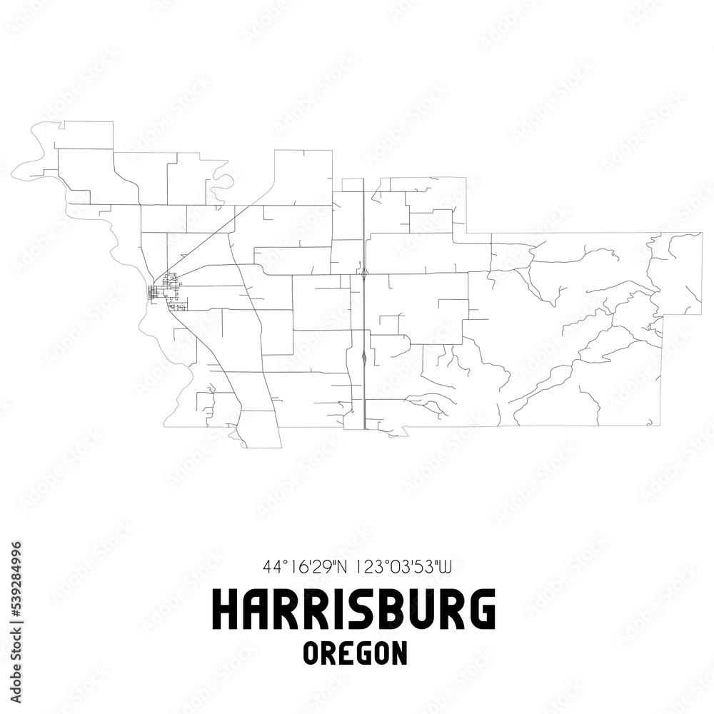 Harrisburg Oregon. US street map with black and white lines.