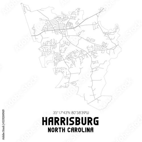 Harrisburg North Carolina. US street map with black and white lines.