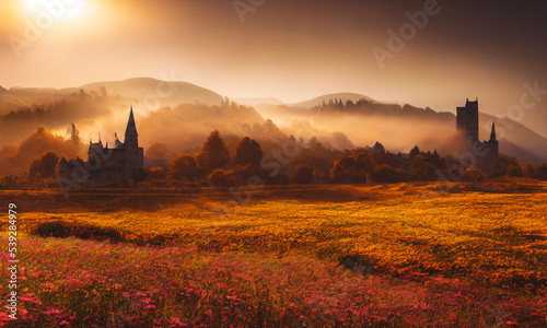 Autumn landscape with forest in mist  silouette of an ancient building and distant mountains during sunrise
