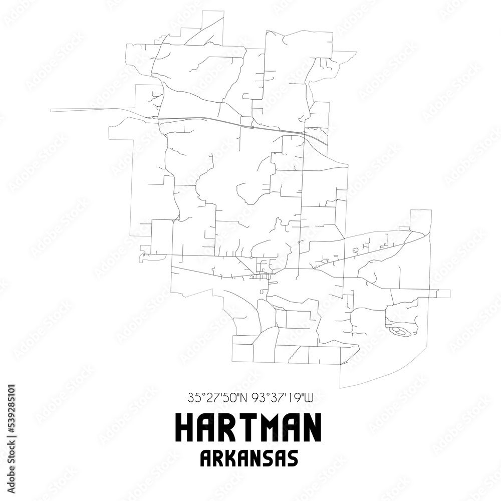 Hartman Arkansas. US street map with black and white lines.