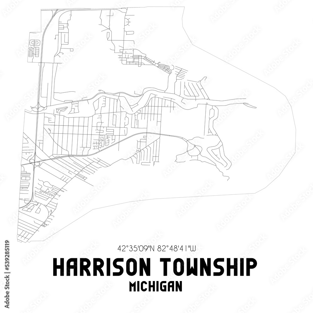 Harrison Township Michigan. US street map with black and white lines.