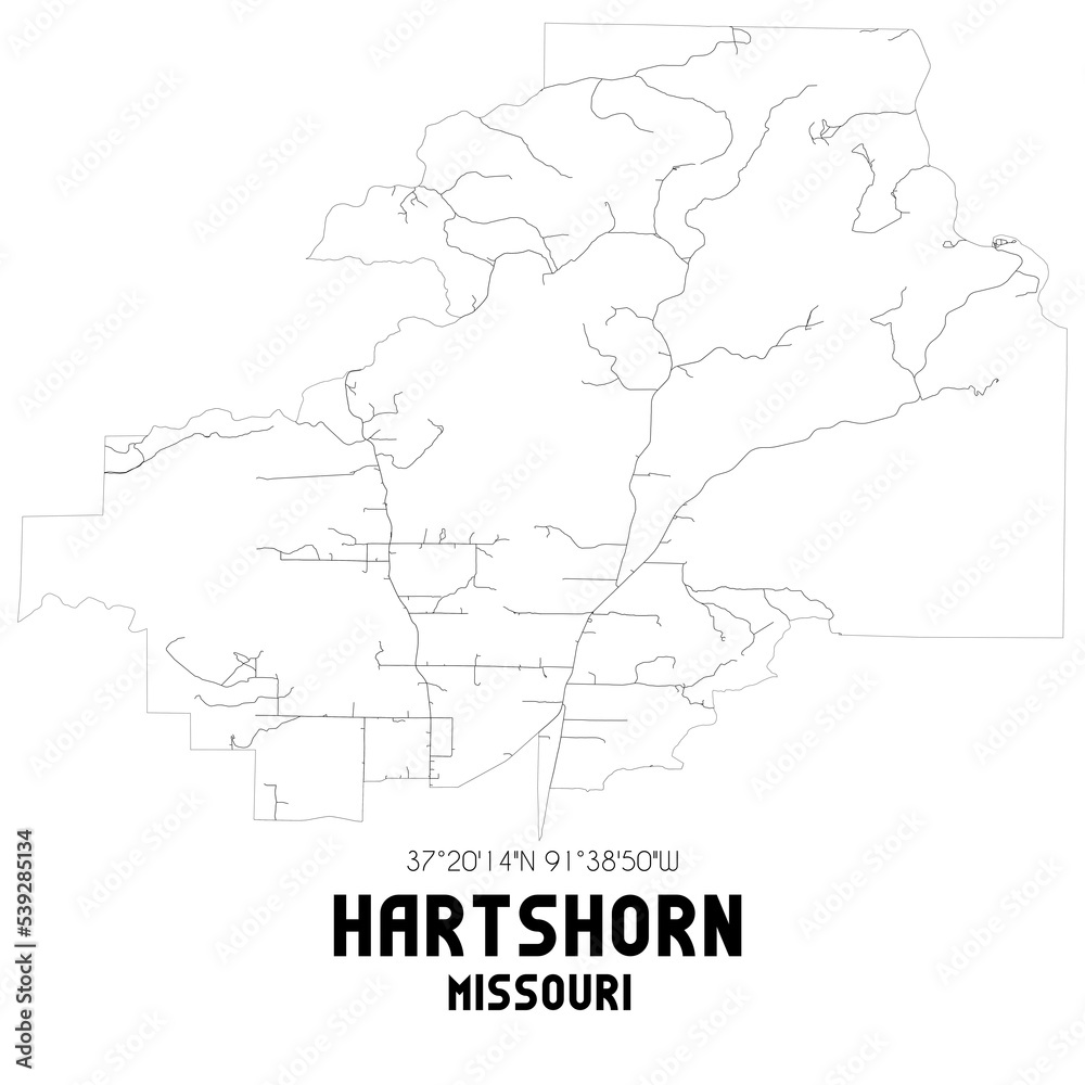 Hartshorn Missouri. US street map with black and white lines.