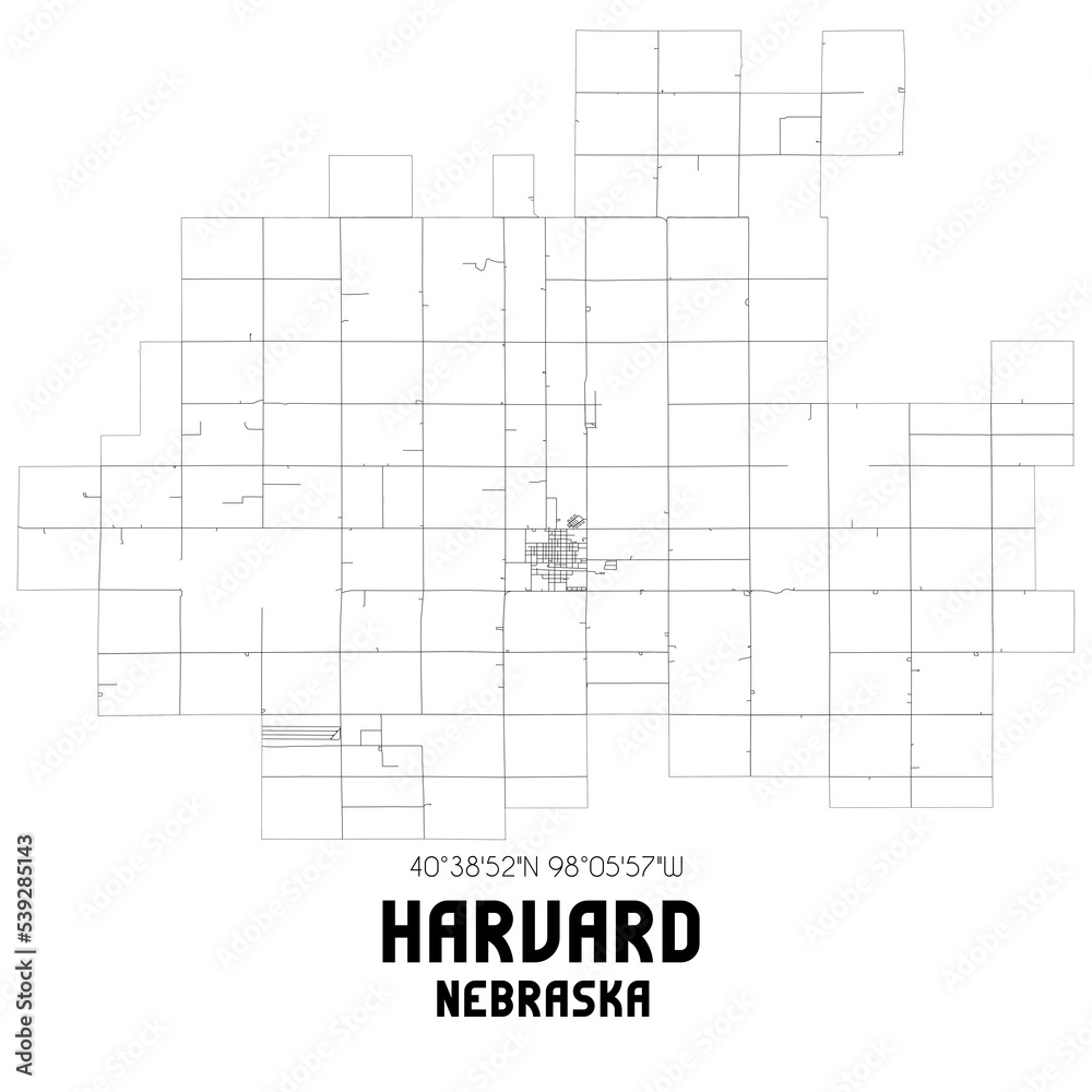 Harvard Nebraska. US street map with black and white lines.
