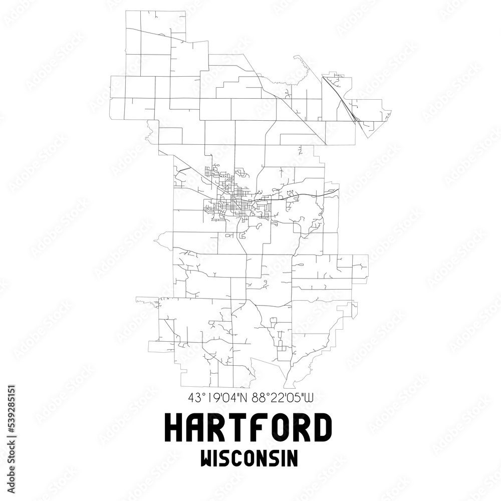 Hartford Wisconsin. US street map with black and white lines.