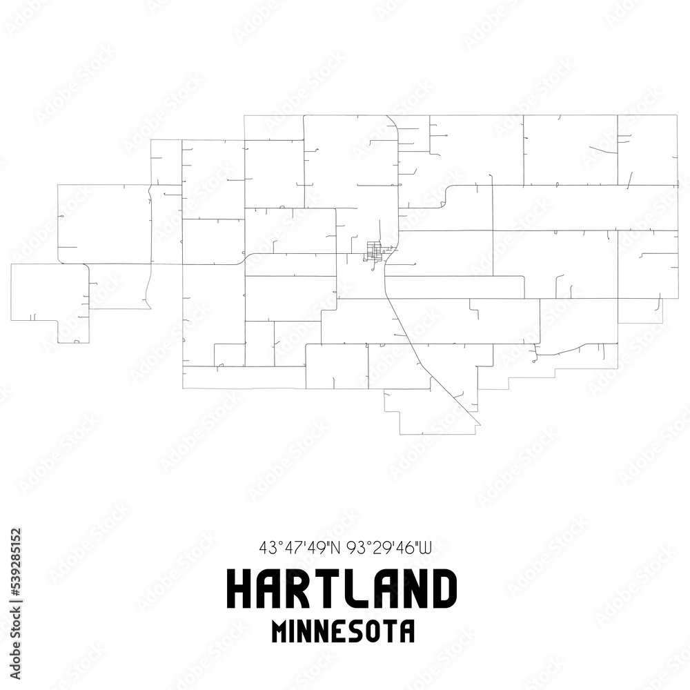 Hartland Minnesota. US street map with black and white lines.