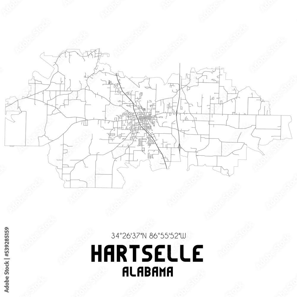 Hartselle Alabama. US street map with black and white lines.