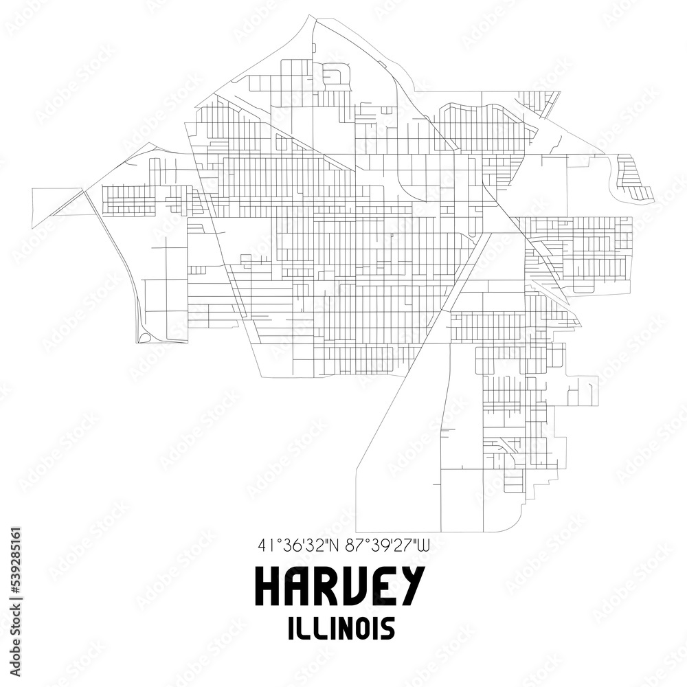 Harvey Illinois. US street map with black and white lines.