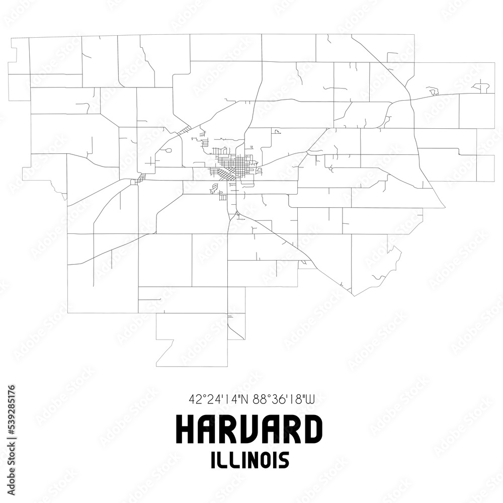 Harvard Illinois. US street map with black and white lines.