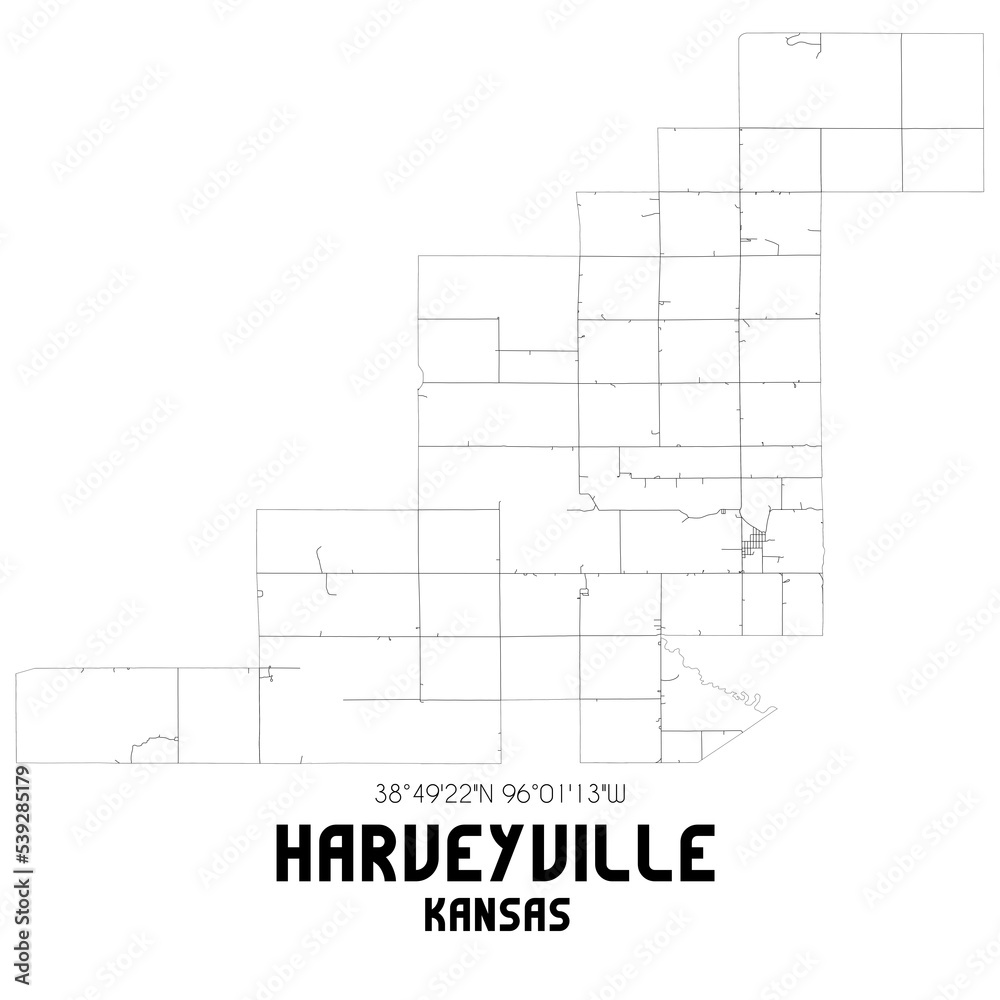 Harveyville Kansas. US street map with black and white lines.