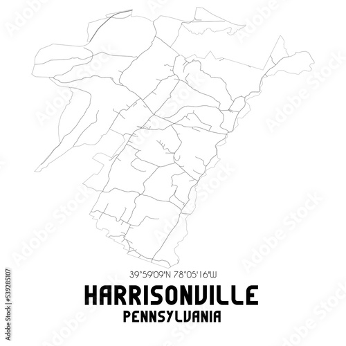 Harrisonville Pennsylvania. US street map with black and white lines.