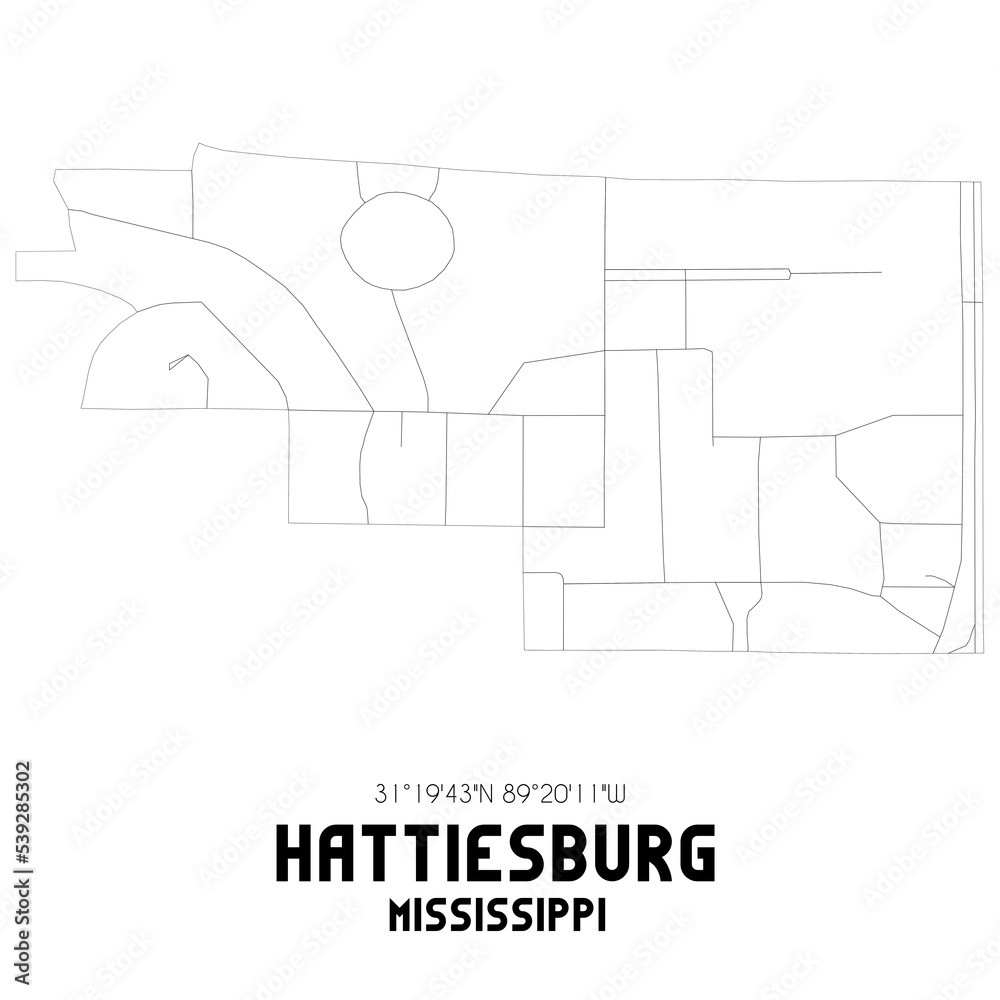 Hattiesburg Mississippi. US street map with black and white lines.