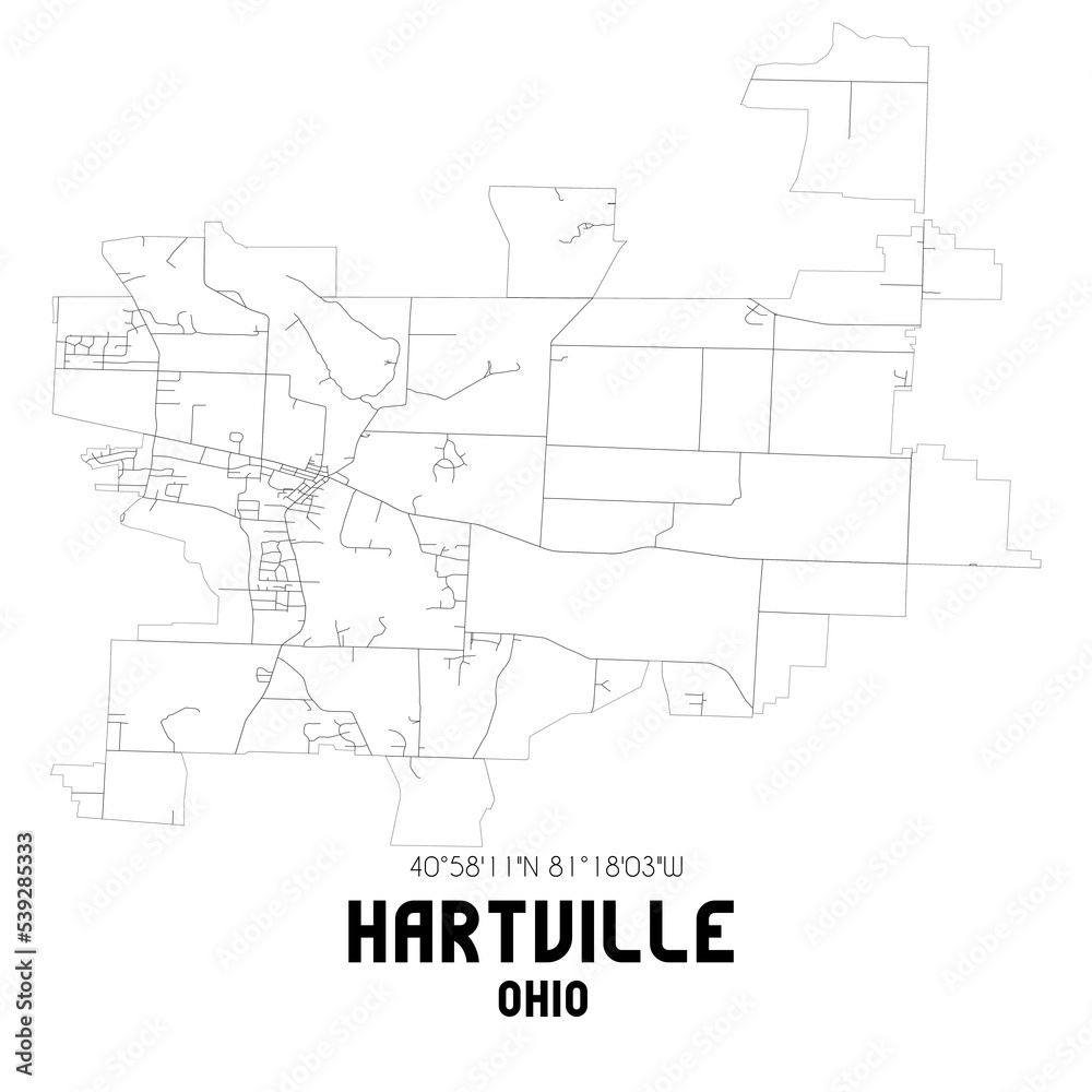 Hartville Ohio. US street map with black and white lines.