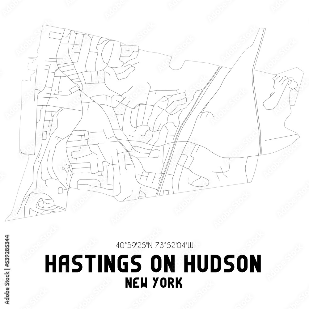 Hastings On Hudson New York. US street map with black and white lines.
